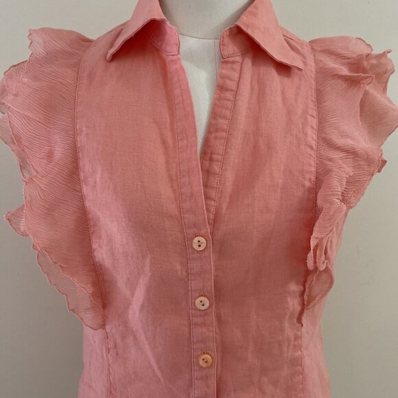 Tracy M 100% Linen Button Down Top Blouse Size S Salmon Ruffle Front Romantic - Picture 2 of 8